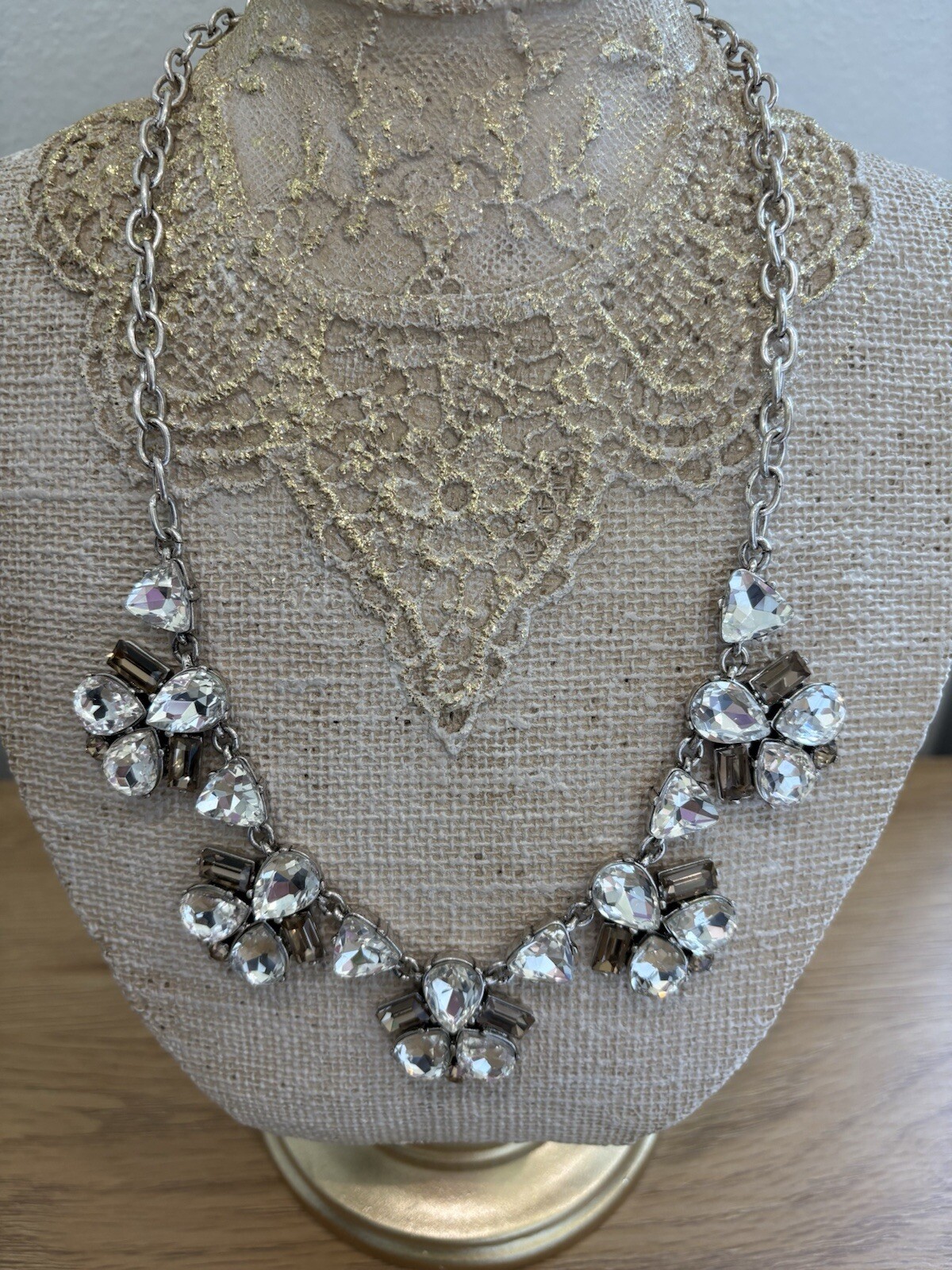 Stella & Dot Rhinestone Necklace Lila Clear & Gray Silver Tone Statement 21”