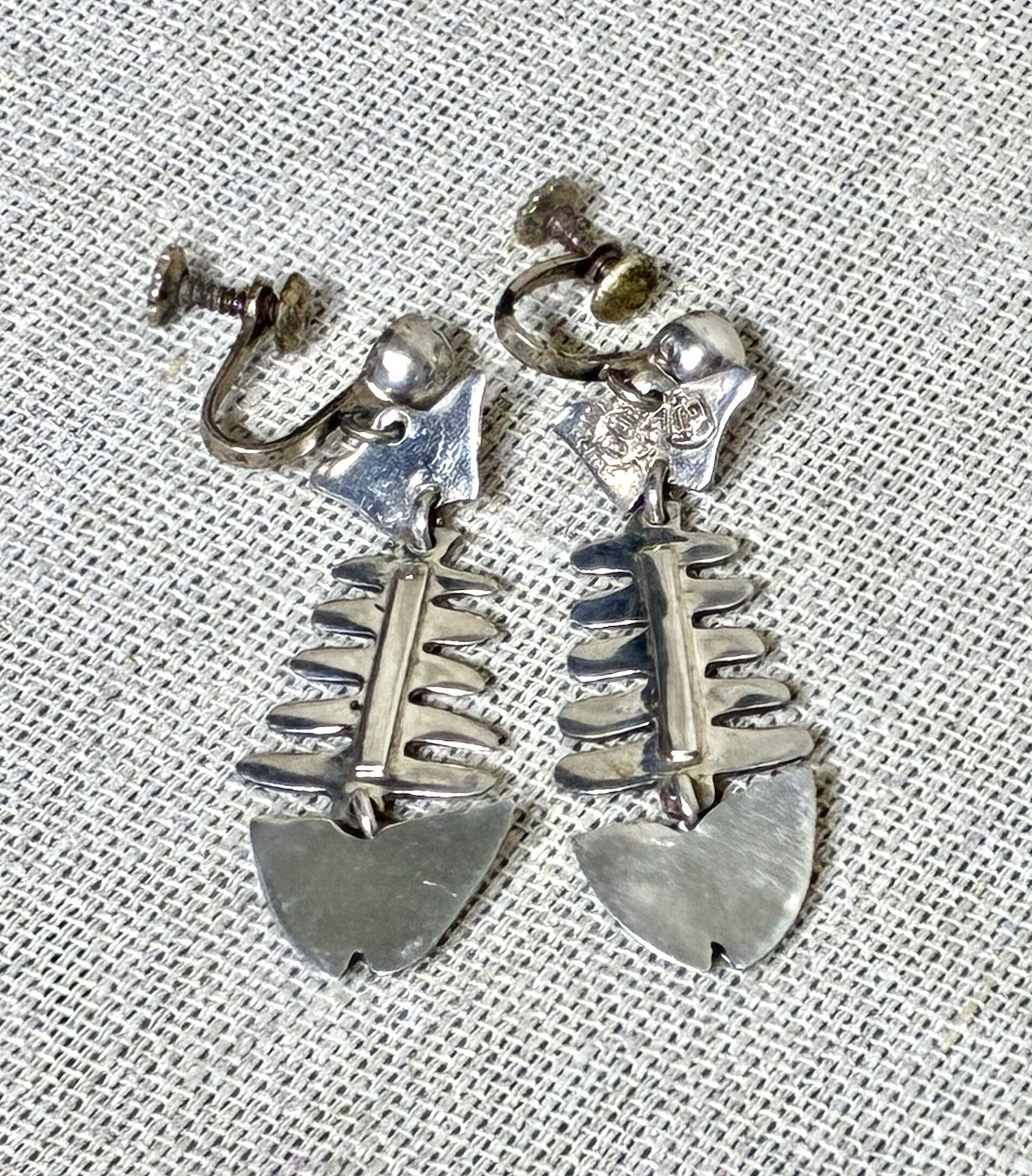 Taxco Silver Fish Dangle Earrings signed IP with Eagle Modernist Screw Back