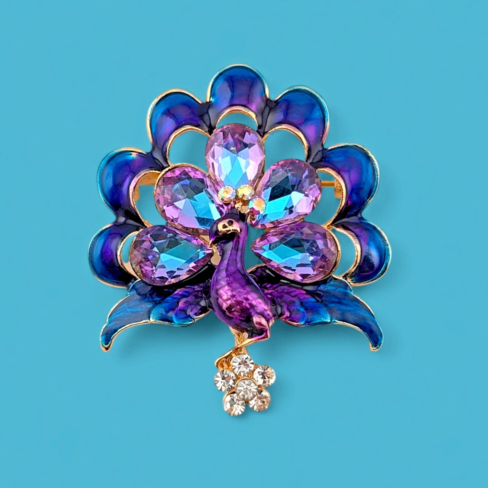 Gold Style Peacock Bird Rhinestone Crystal Cyan Bird Brooch Pin Pendant Gift