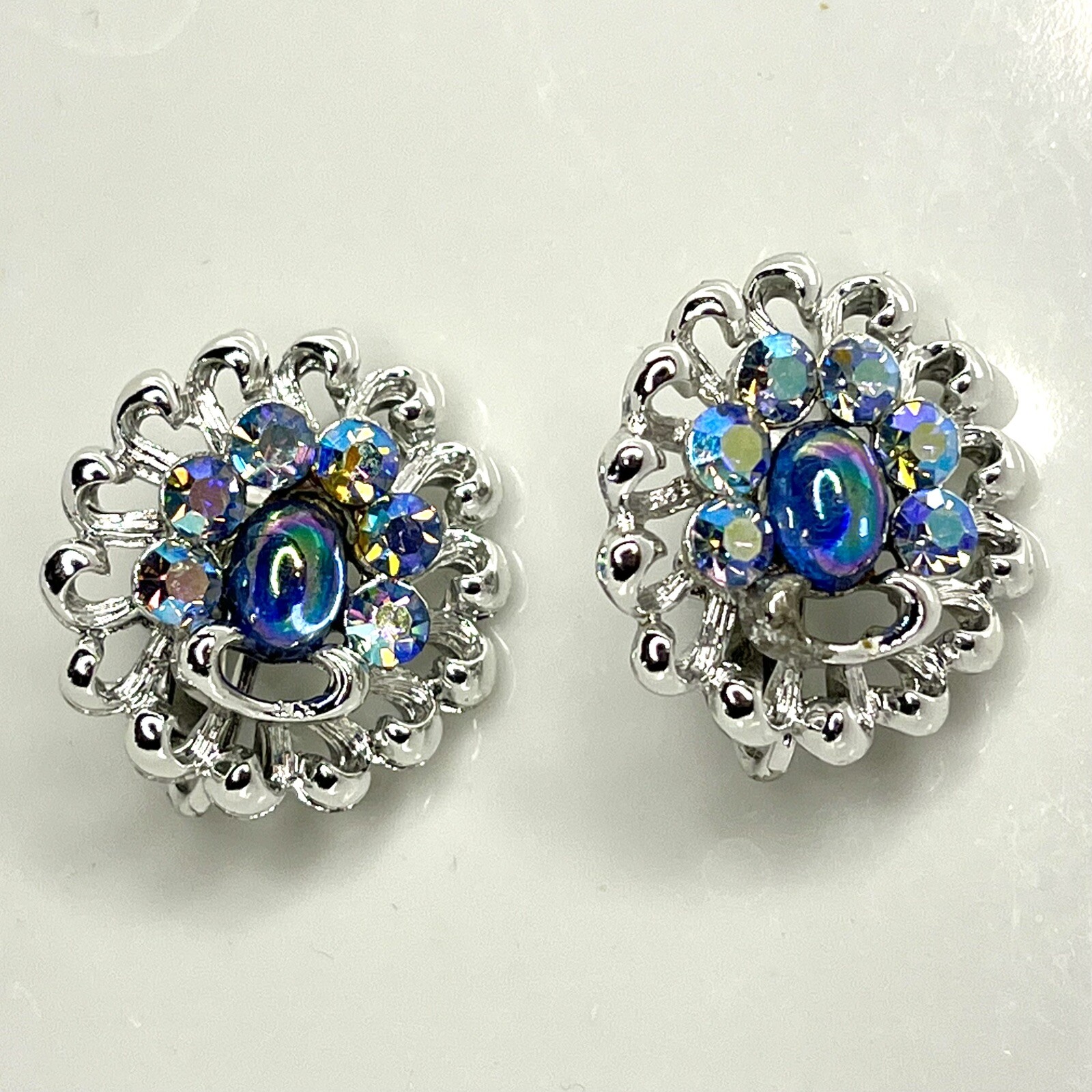Coro Vtg Moonglow & Peacock AB Rhinestone BROOCH PIN & CLIP ON EARRINGS SET