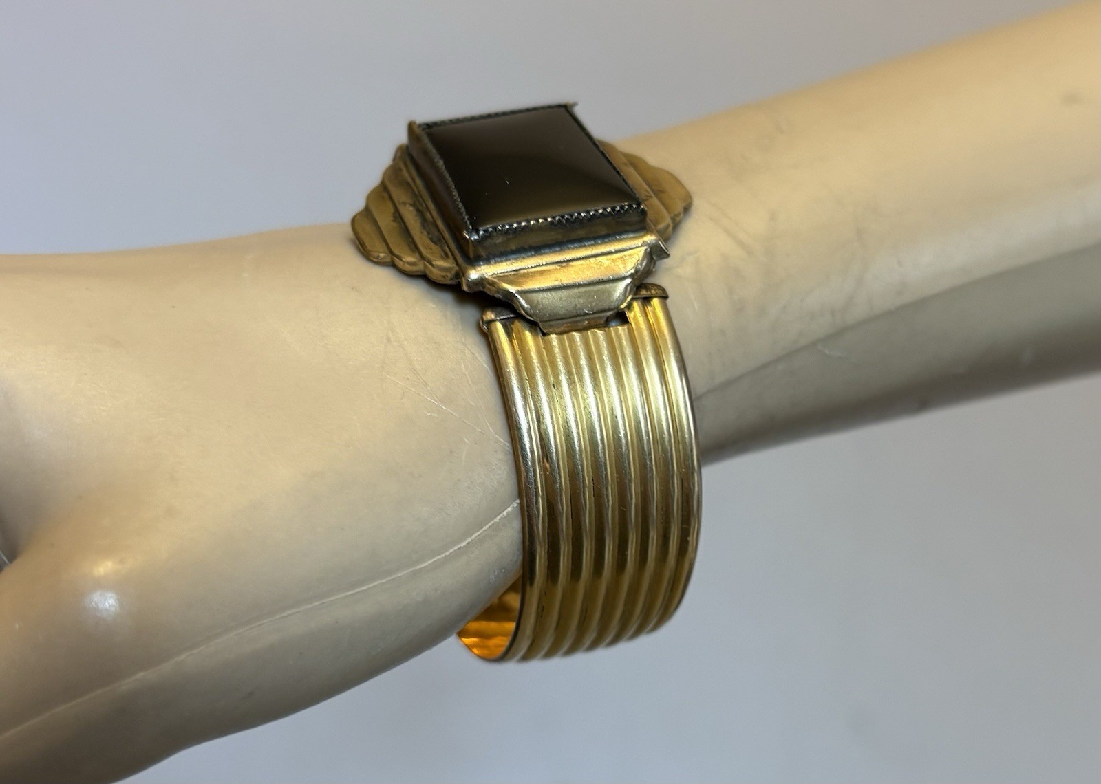 Art Deco Signed MARSH Gold Plate Bangle Snap Open Hidden Secret Locket Bracelet