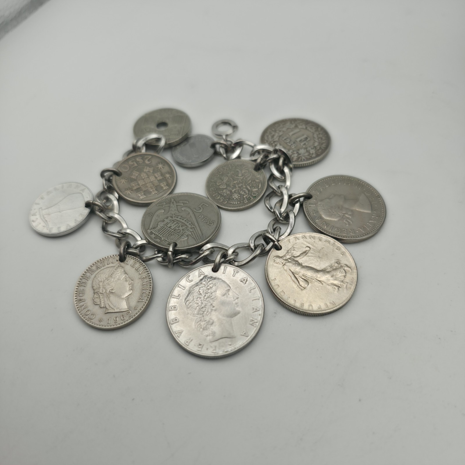 LeStage Sterling Silver Coin Charm Bracelet 58g Mid Century Estate Jewelry Euro