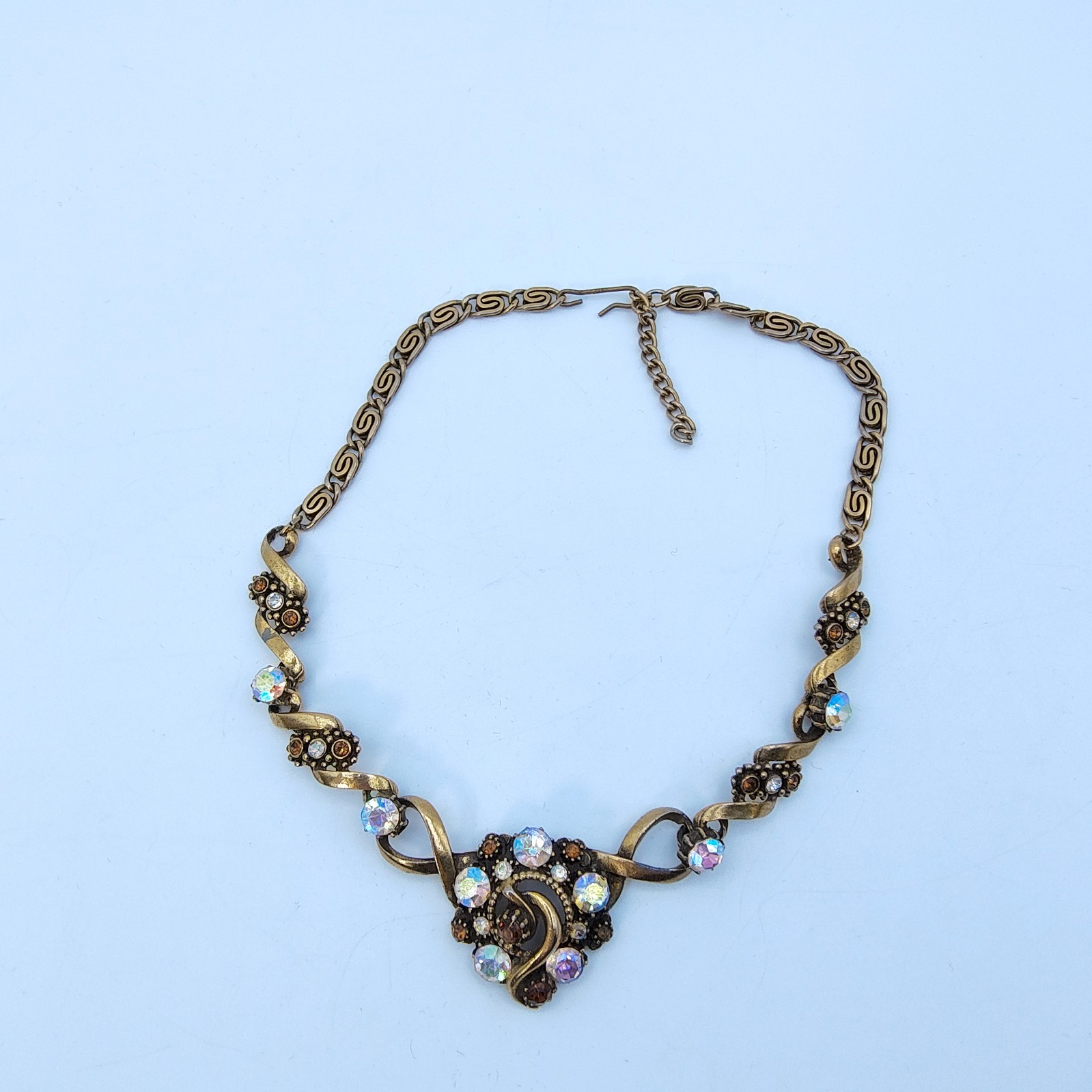 Vintage Florenza Victorian Style Choker Necklace Gold Tone AB Rhinestone Signed