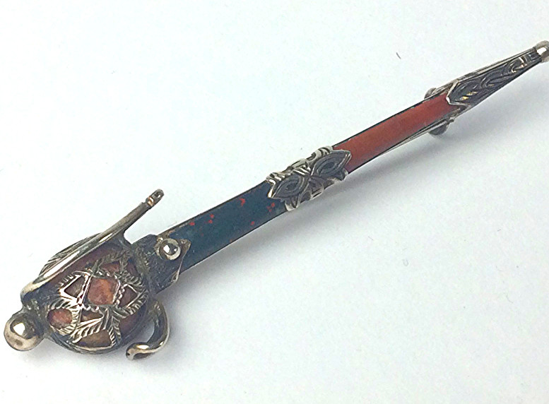 Antique Victorian Scottish agate , bloodstone & Sterling Silver sword brooch