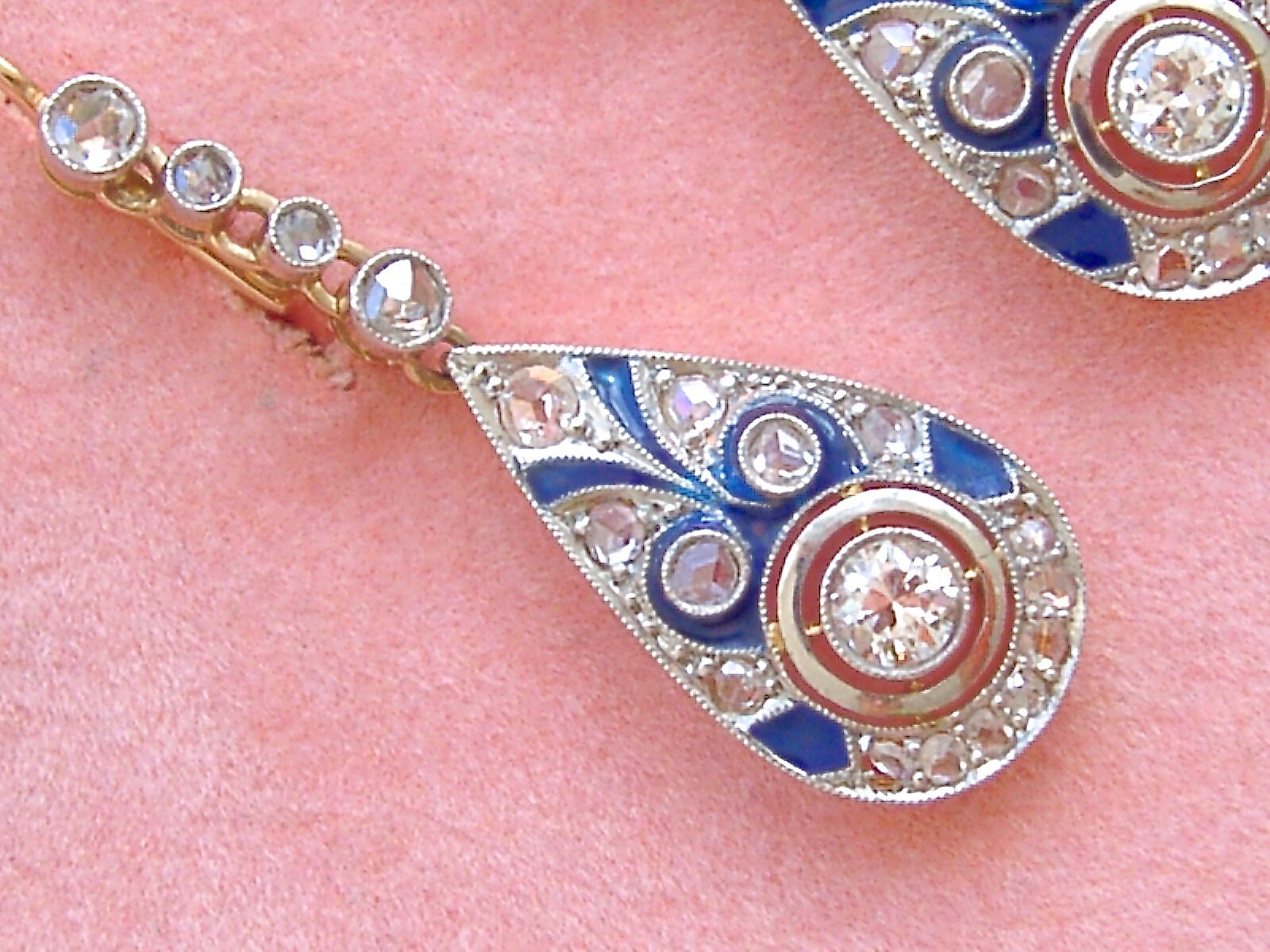 ART DECO 1.04 ctw EURO & ROSE DIAMOND BLUE ENAMEL 18K PLATINUM EARRINGS 1920