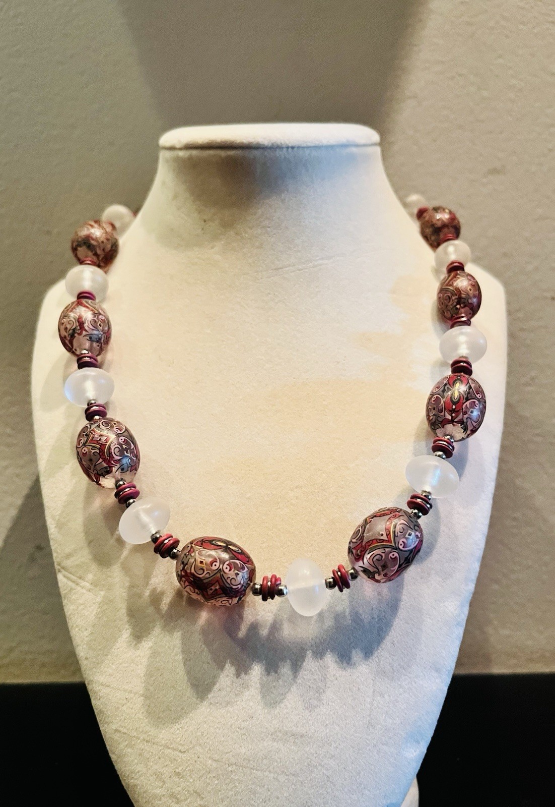 Vintage Japanese Necklace Pink, Purple, White, Glass Beads Marked Japan 1960s