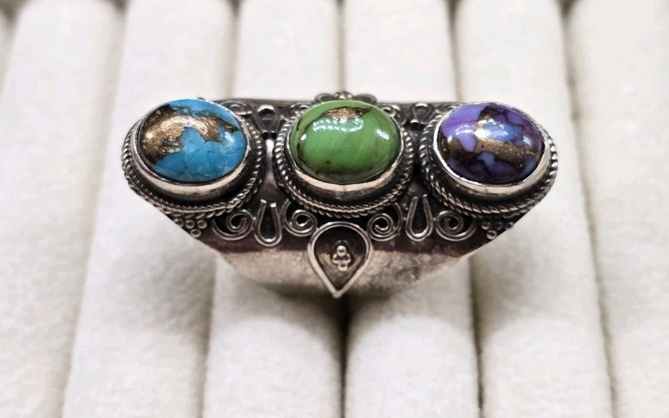 Vtg Blue, Purple & Green Copper Turquoise 925 Sterling Silver Handmade Ring Sz 6