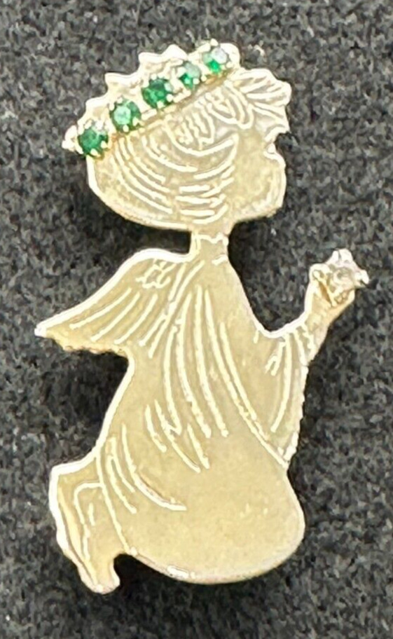 Praying Angel Etched Silver Tone May Green Birthstone Rhinestone Halo Brooch Pin