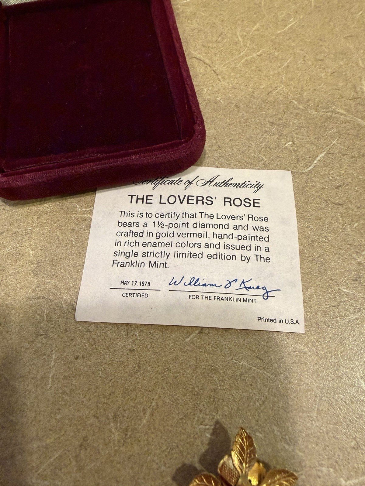 Vintage 1978 Franklin Mint The Lovers Rose Diamond Enamel Gold Vermeil Stick Pin