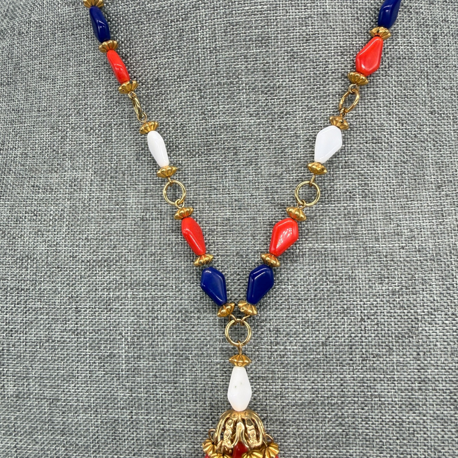 Vintage Necklace Tassel Dangles Red Blue White Acrylic Beads Retro 24 Inches