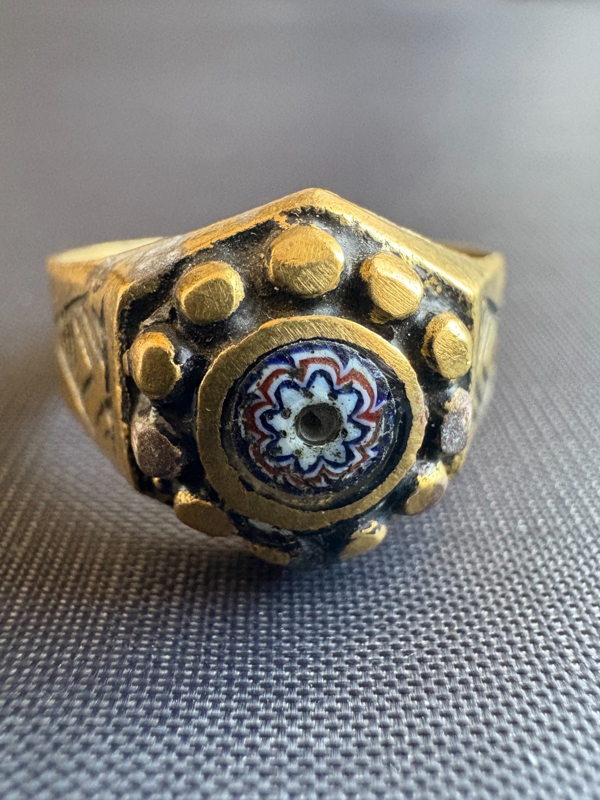 Vintage Handmade Tuareg Brass Ring Geometric Patterns & Rosette Motif Size 10 US