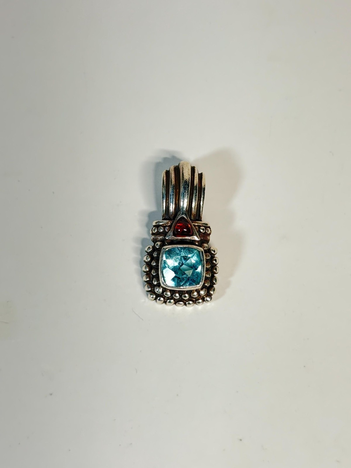 925 Sterling Silver Blue Topaz Garnet Pendant Enhancer Bail Square Bezel Drop