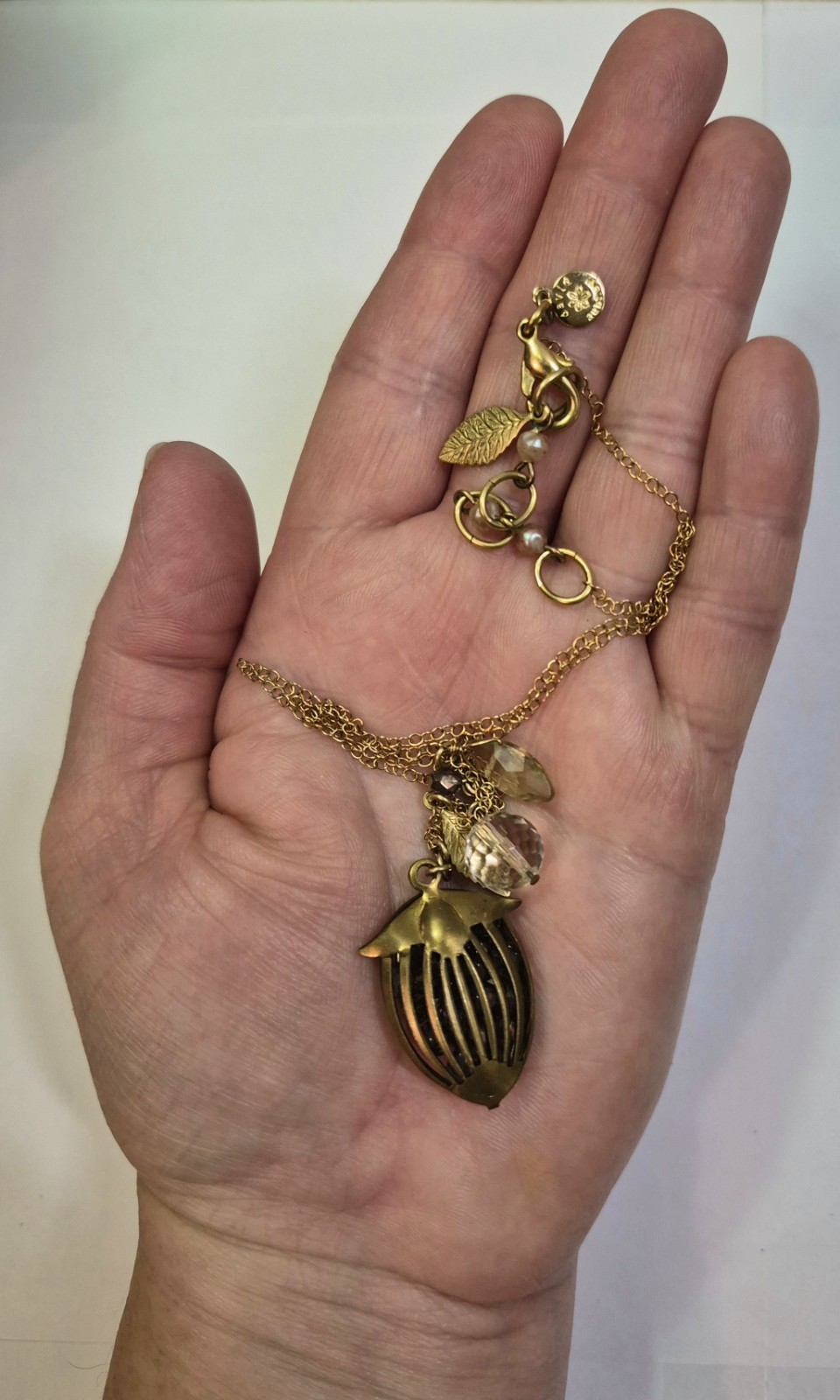 David Aubrey Pendant Necklace Glass Gold Tone Vintage Style Birdcage Dainty