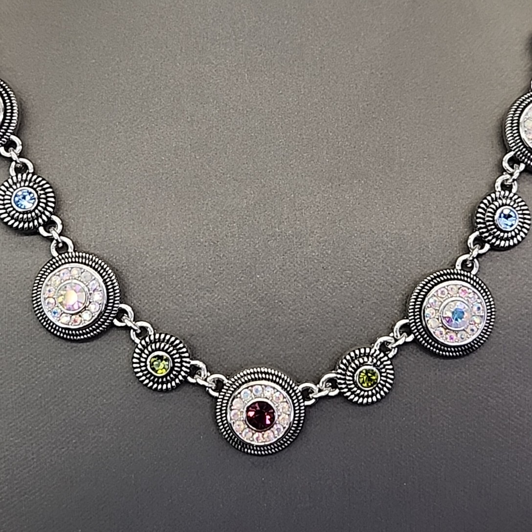 Vintage Lia Sophia Colorama Necklace Seltzer AB Rhinestones Round Linked 19″