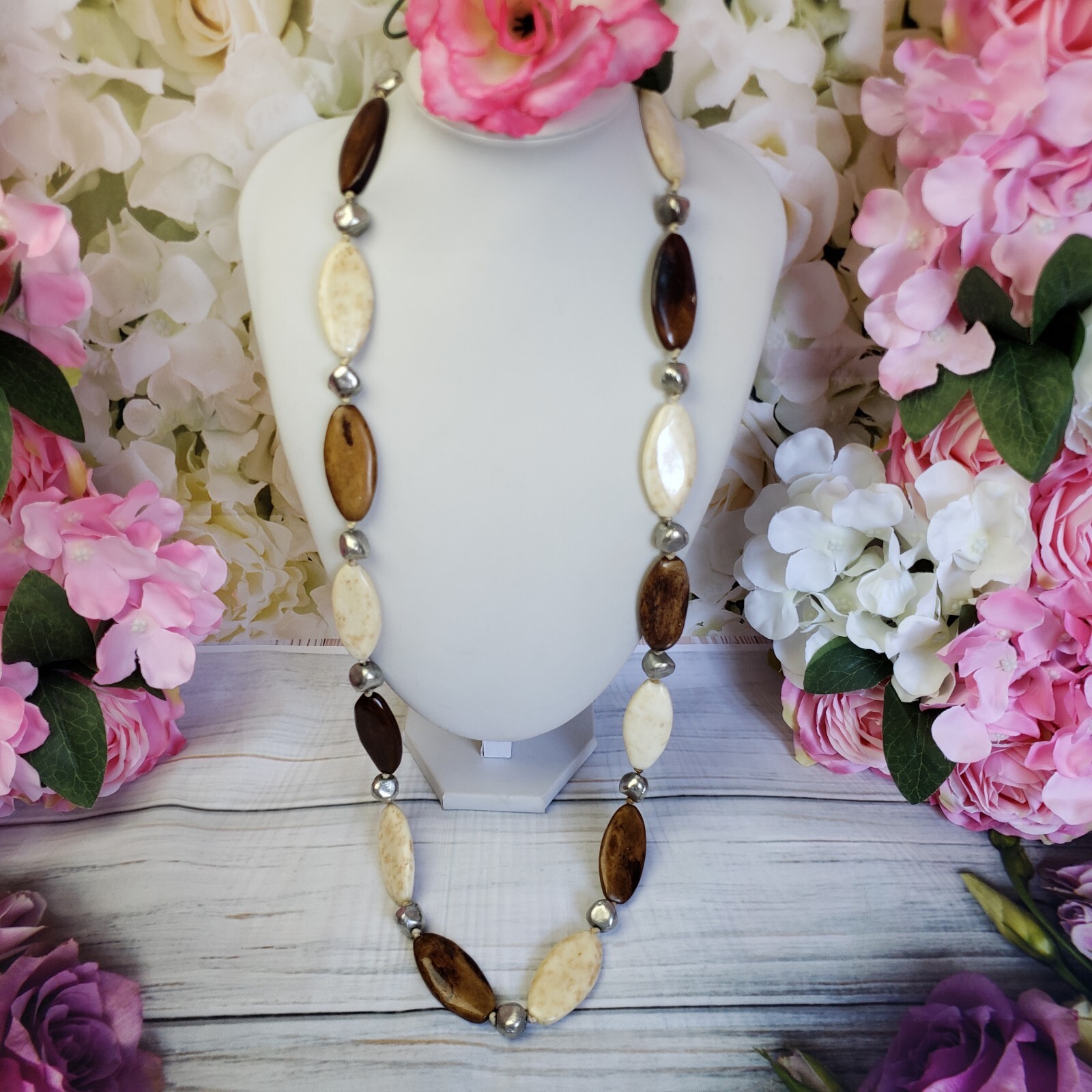 Artisan White & Brown Beaded Long Silver Tone Necklace