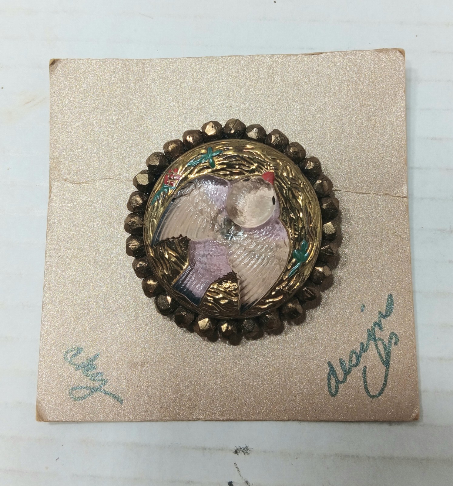 Artisan Czech Button Vintage Glass Beads Brooch Pin Bird