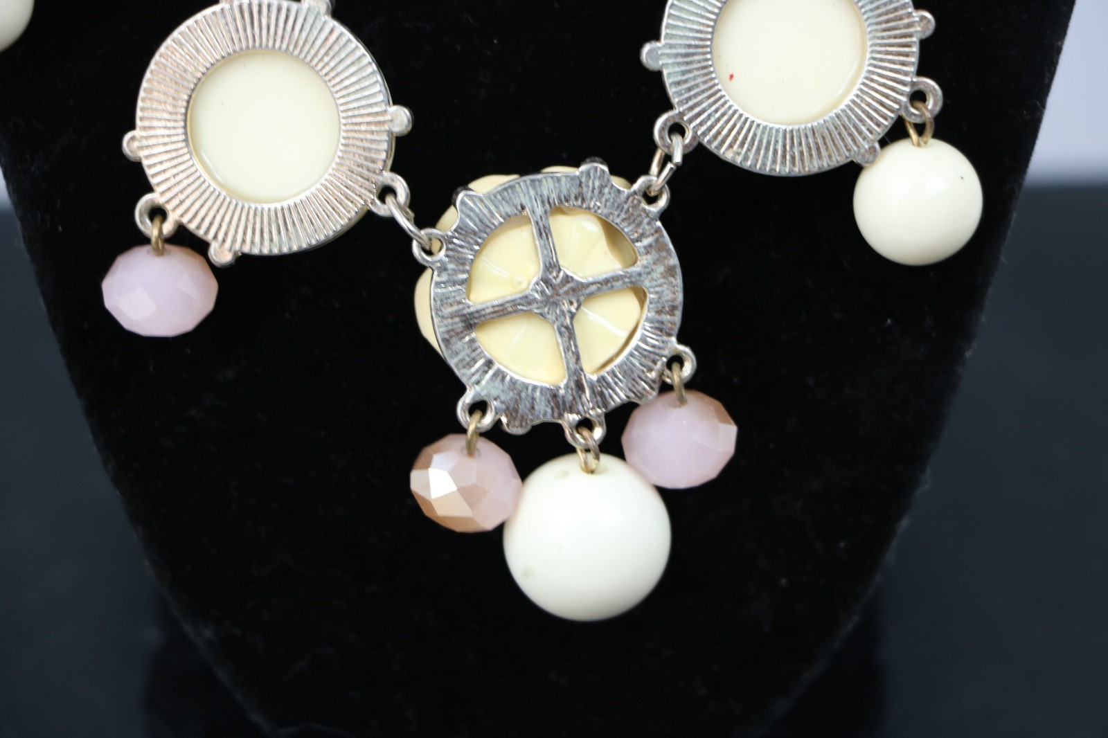 Rose Floral Statement Necklace Cream Bubble Bead Bib Boho Gold Tone