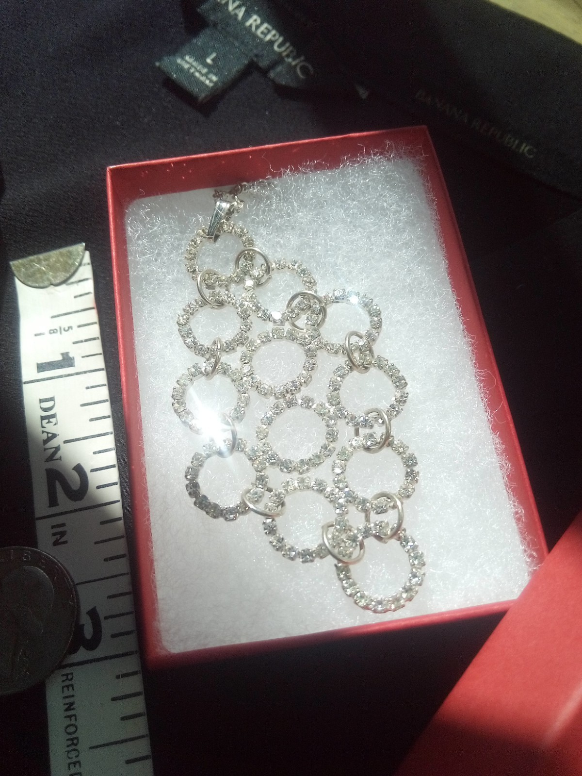 Neckl: 25, 2-1/2″ Pendant of Rhinestone Circles, ST, 17″ Chain, Lobster Clasp