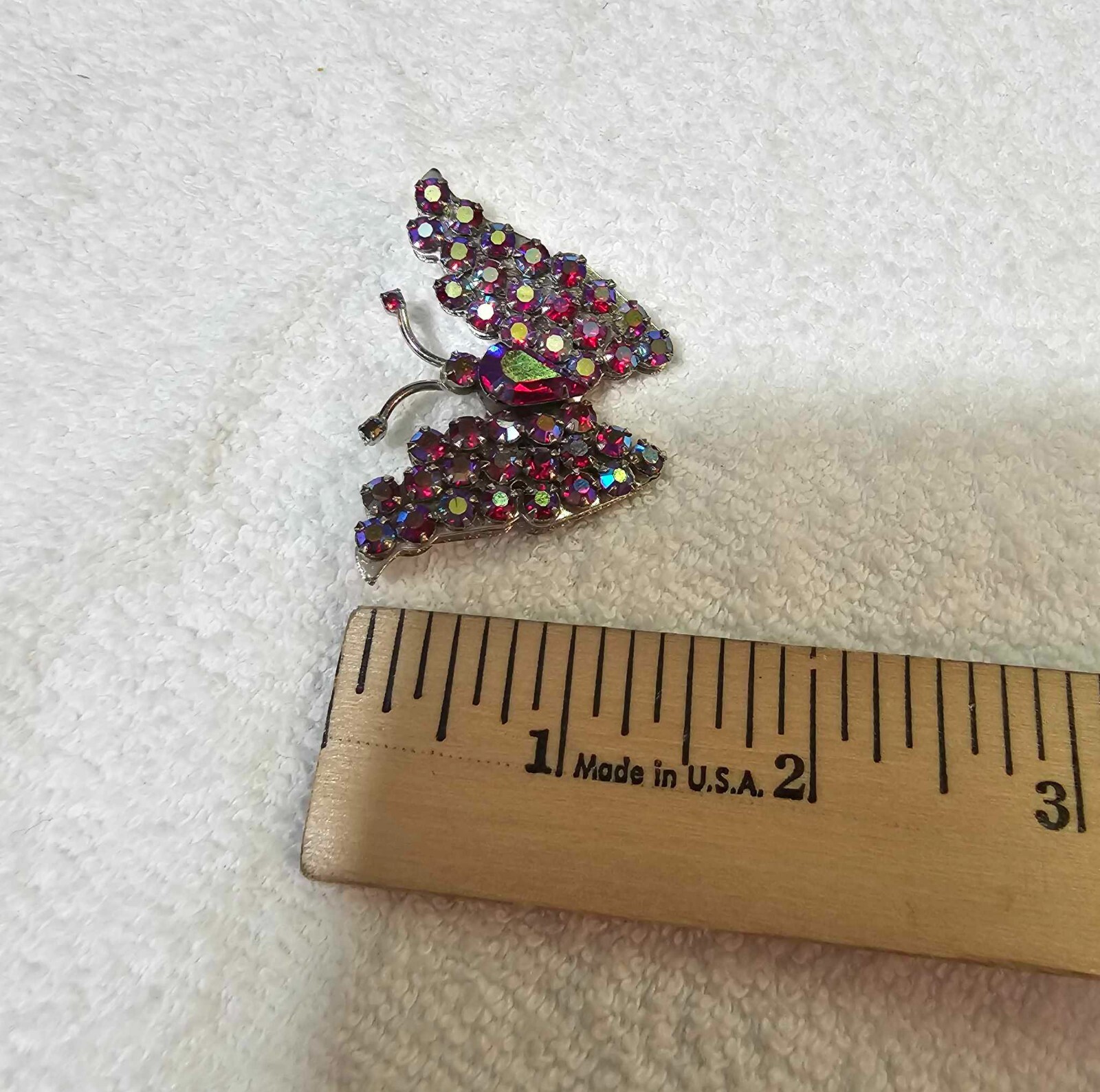RARE Vtg Warner Brooch Pin Silvertone Butterfly w/ AB Fuchsia Red- Sparkling