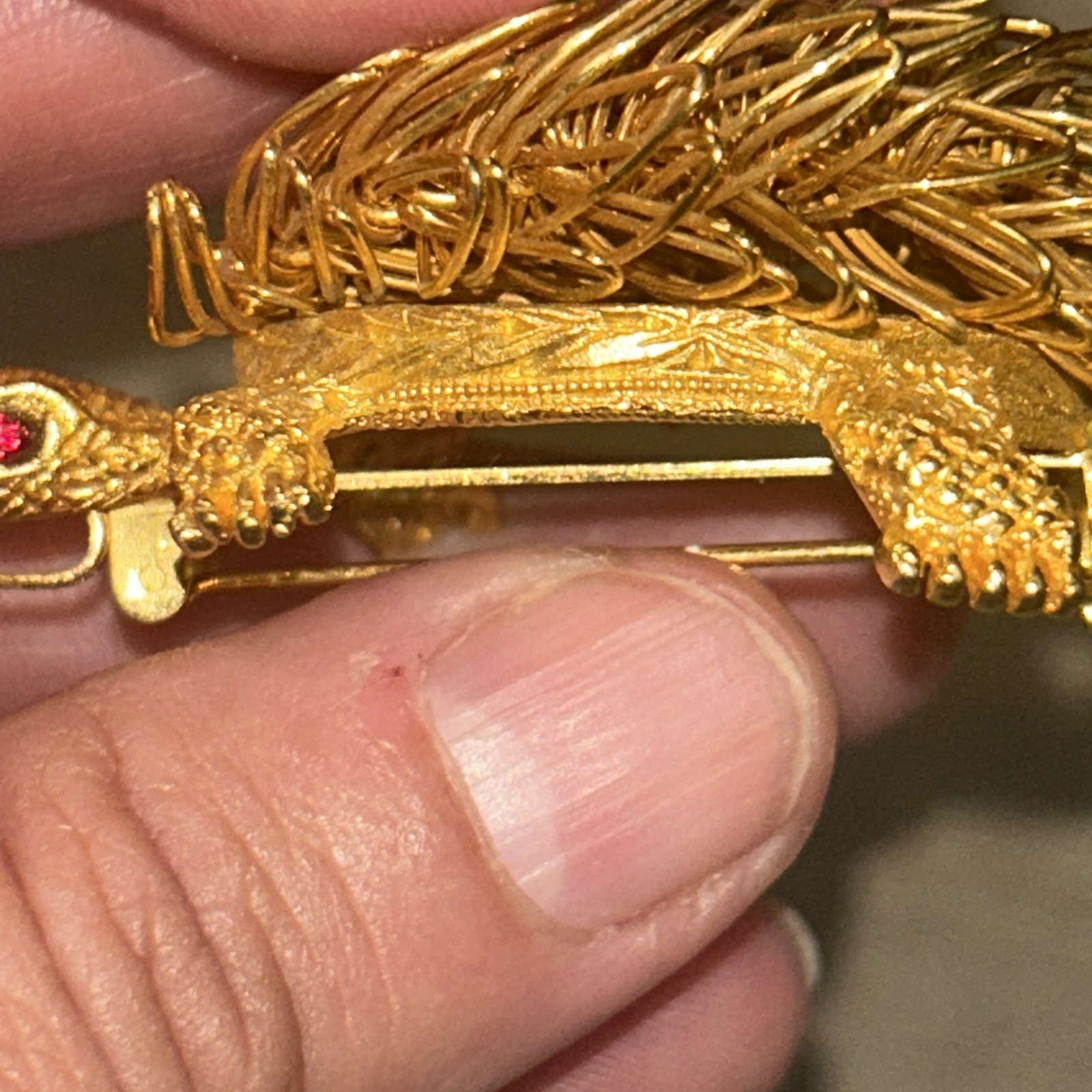 Vintage Turtle Brooch Pin Wire Work 70’s Gold Tone Red Crystal Eyes Whimsical
