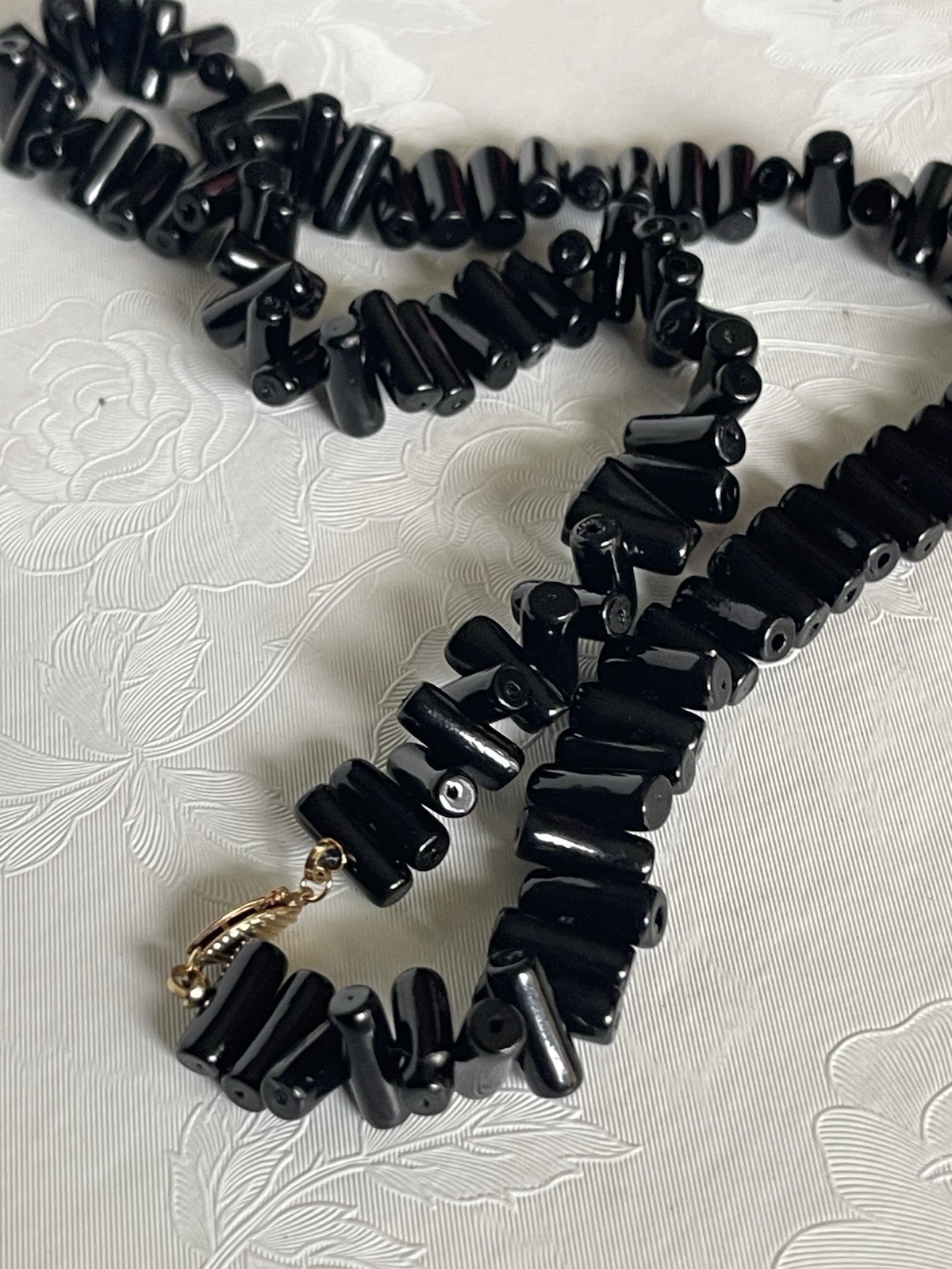 Vintage Black Coral Bead Necklace With 14k Yellow Gold Clasp
