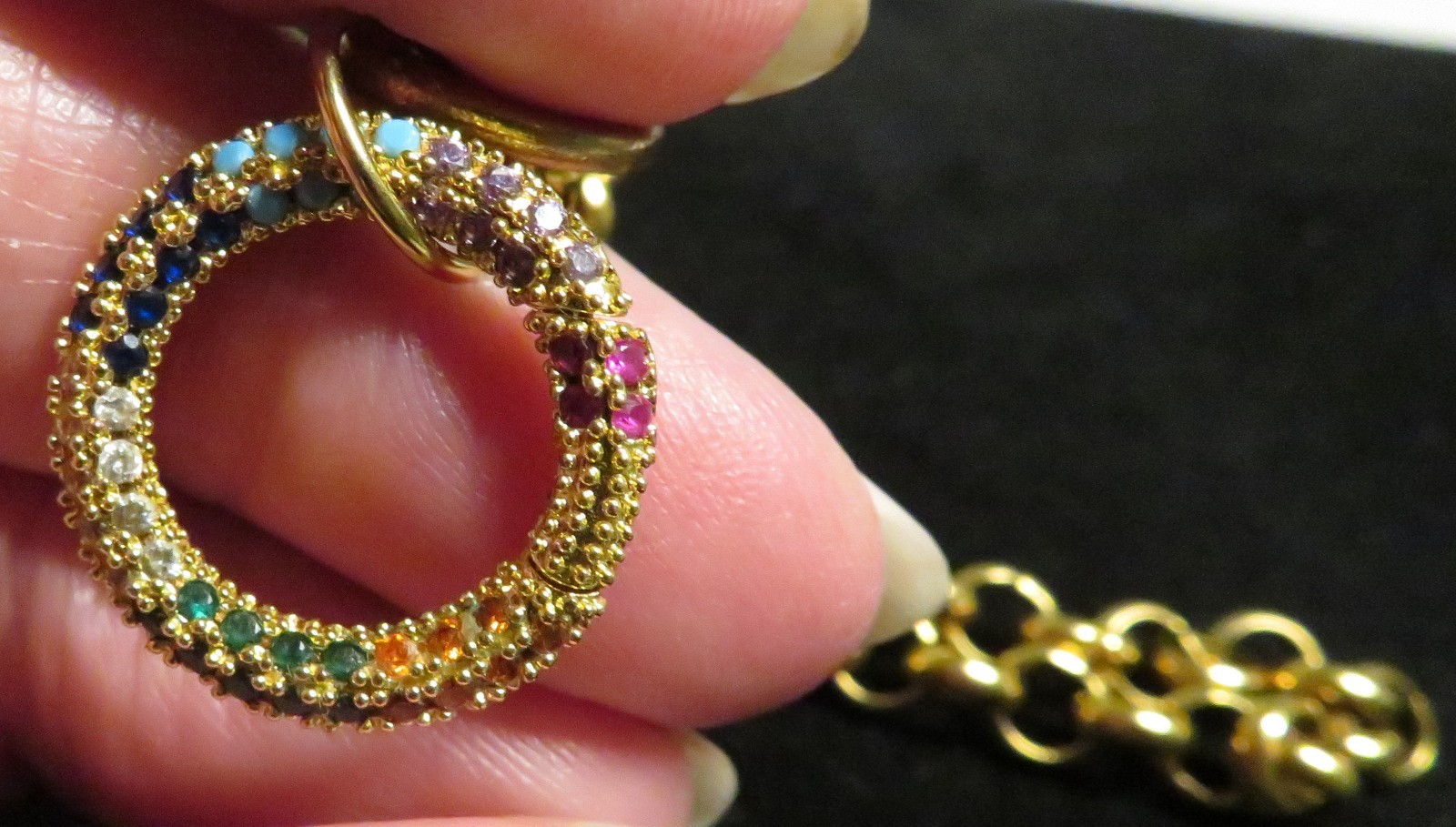 Vintage Heart Clasp 8″ Bracelet Gold Tone Multi Color Rhinestone Circle Ring GUC