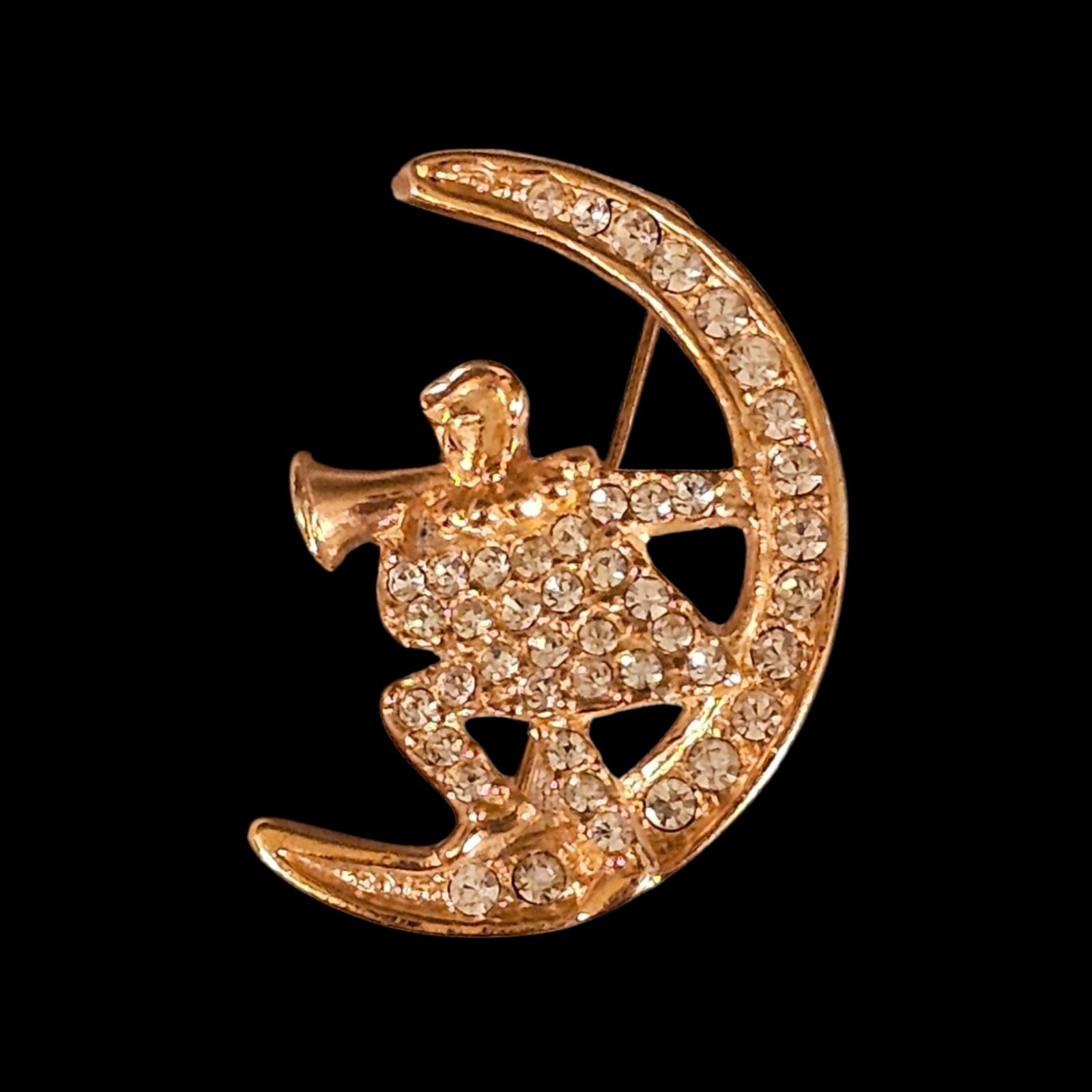 Vintage Whimsical Fairytale Fantasy Man In The Moon Rhinestone Metal Brooch Pin
