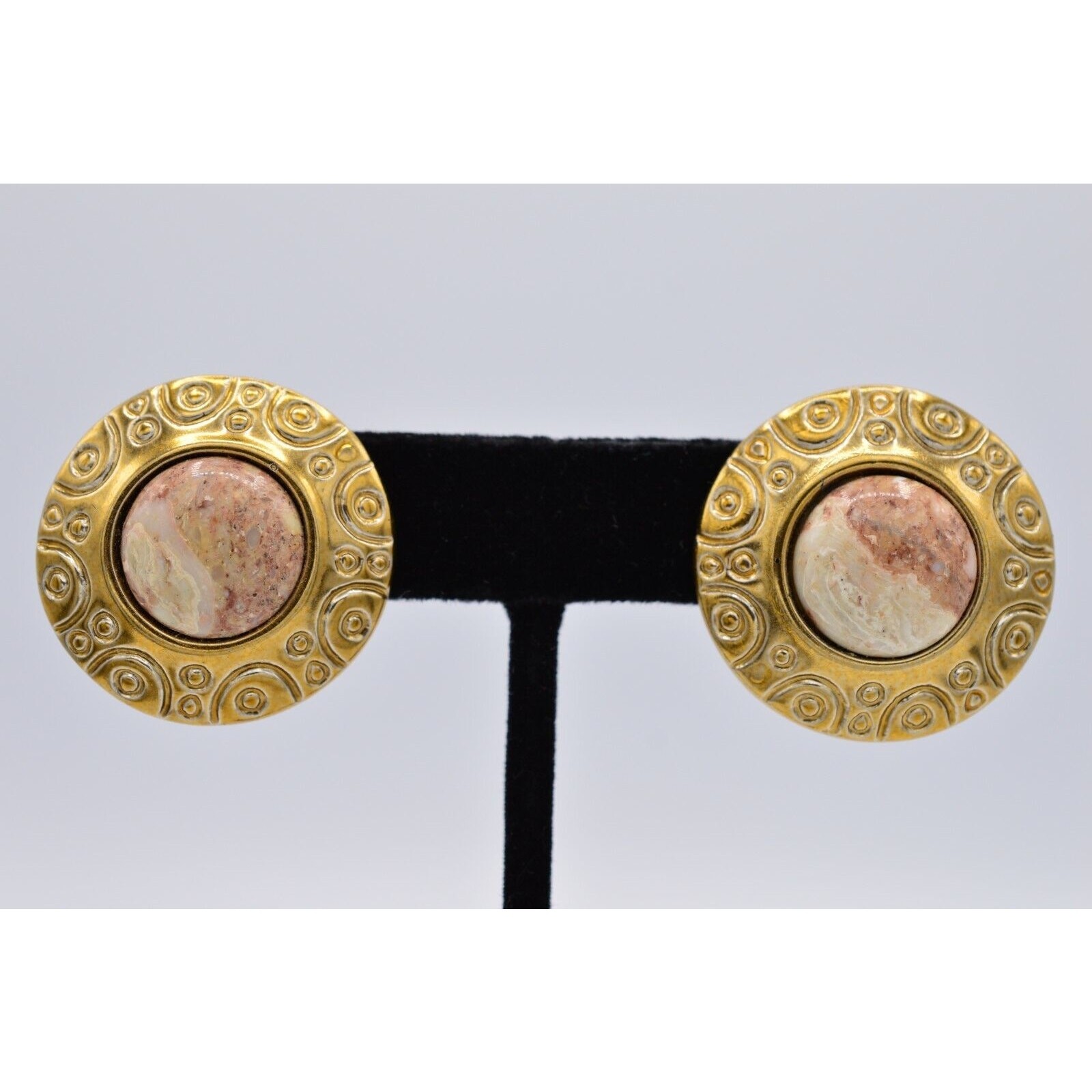 Vintage Earrings Marbled Faux Cabochon Lightweight Metal Chunky 1980s BinAF