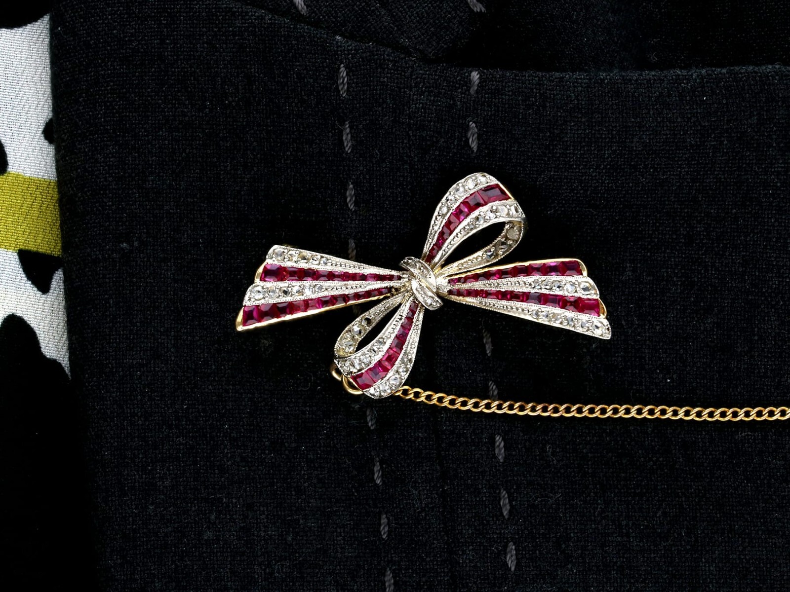 Antique 0.78Ct Ruby and 0.40Ct Diamond 18k Yellow Gold Bow Brooch Circa 1910