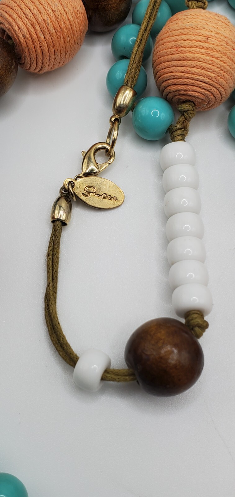 Vintage Plastic, Wood and Crochet Beaded Necklace 18″ Marked Gwen woo1