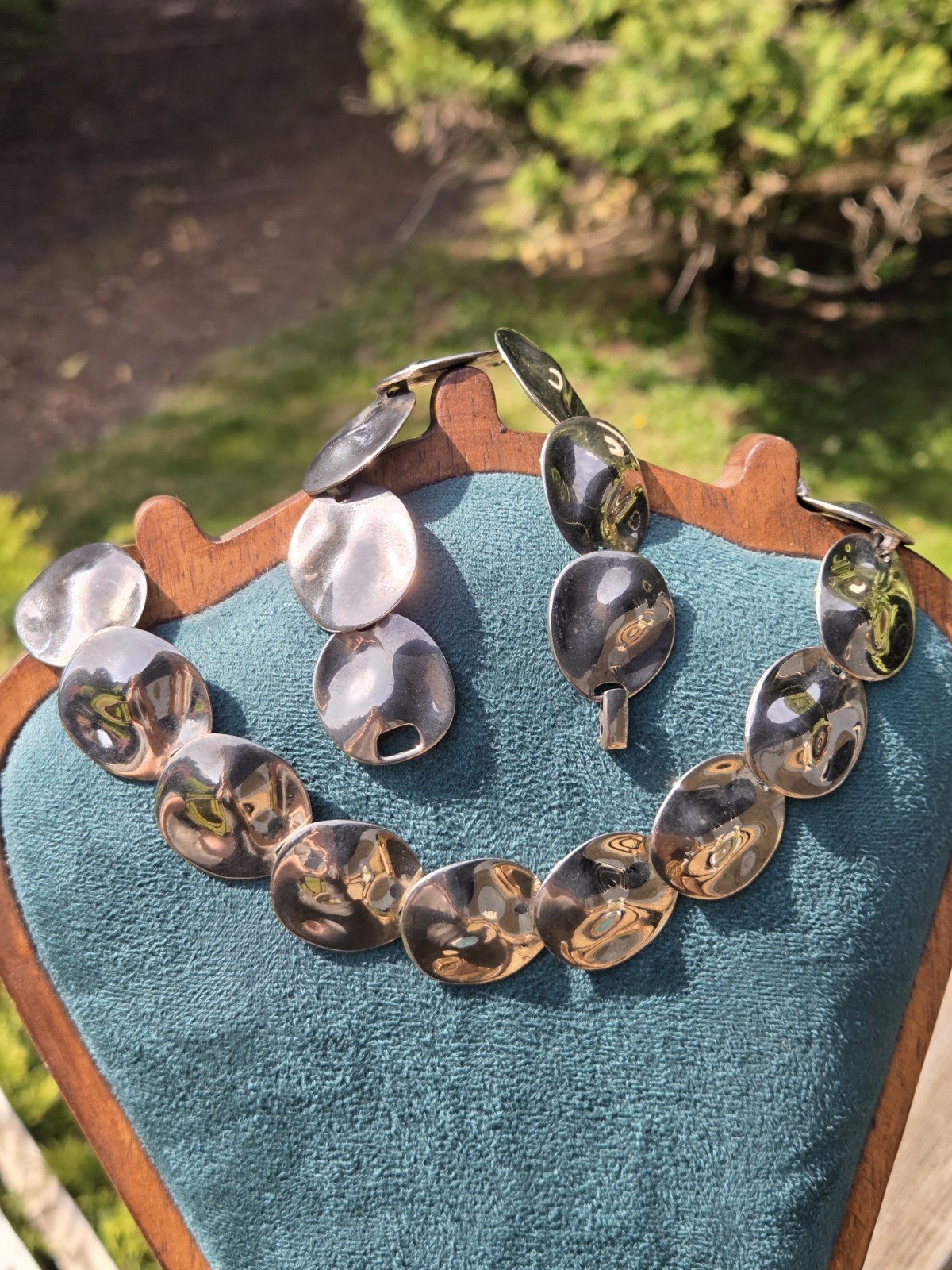 Vintage Silver Tone Disk Necklace & Bracelet Set Concho Chunky South Western