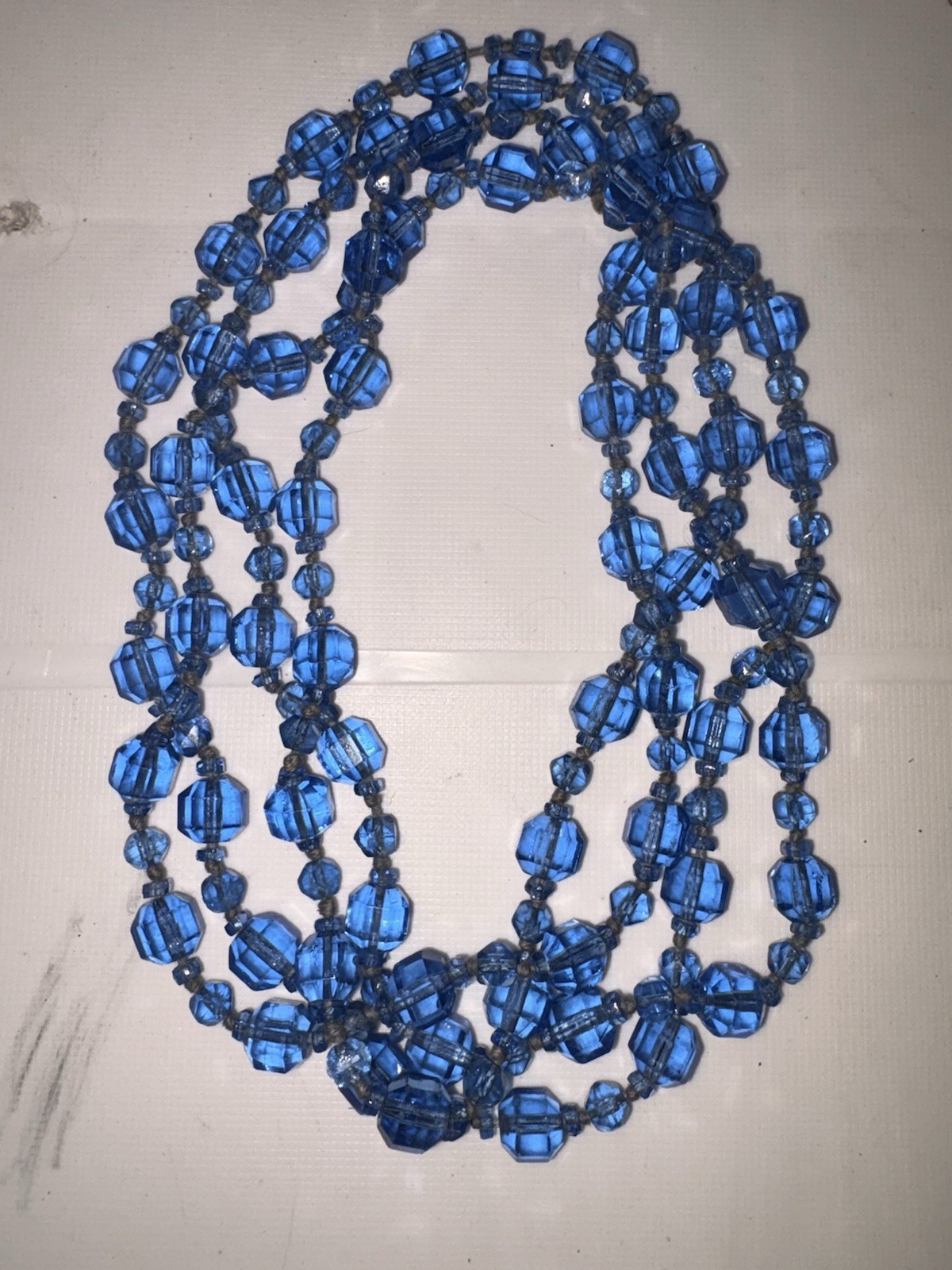 Antique 1920s Flapper Czech Glass Long Necklace Ceylon Sapphire Blue Beads 64”