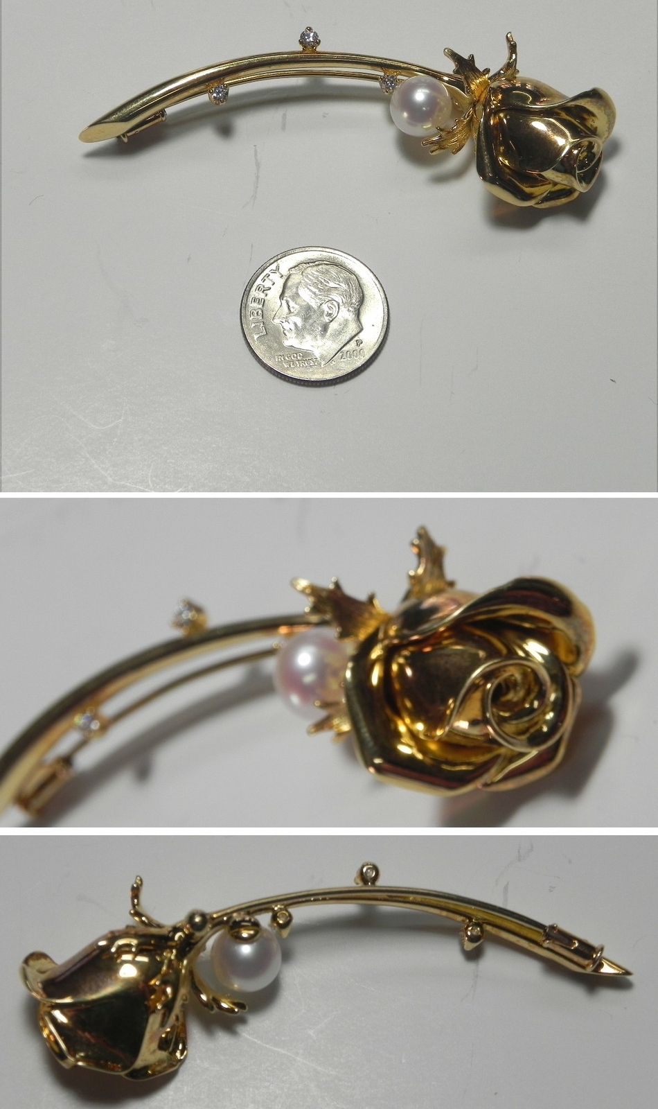 C1388 Vintage Mikimoto 18K Solid Yellow Gold AAA+ Akoya Pearl & Diamond ROSE Pin