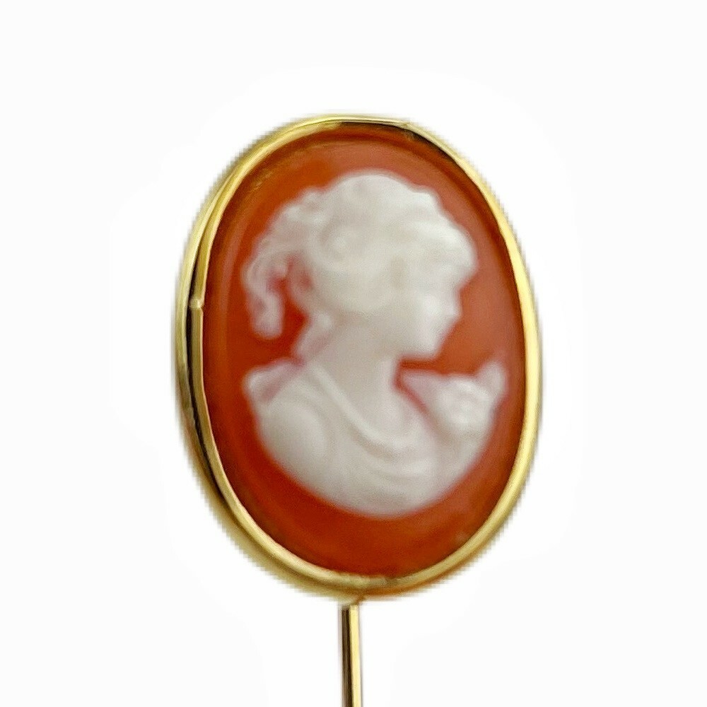 Crown Trifari Cameo Pin Hat Lapel Stick Vintage Gold Tone Orange Cream Victorian