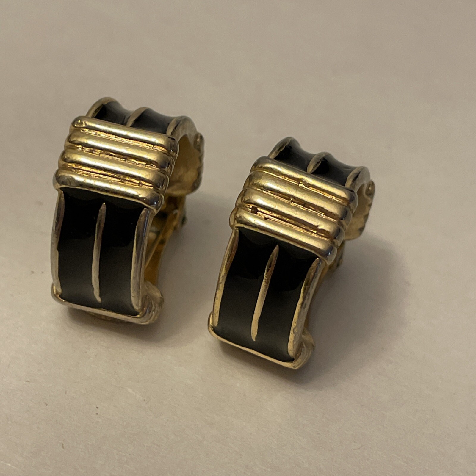 Vintage French Orena Paris Gold Tone Black Enamel Clip On Earrings