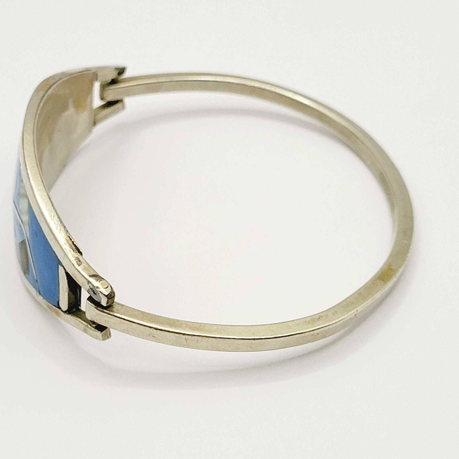 Inlaid MOP Abalone Shell Alpaca Mexico Silver Tone Vintage 1980s Hinged Bracelet