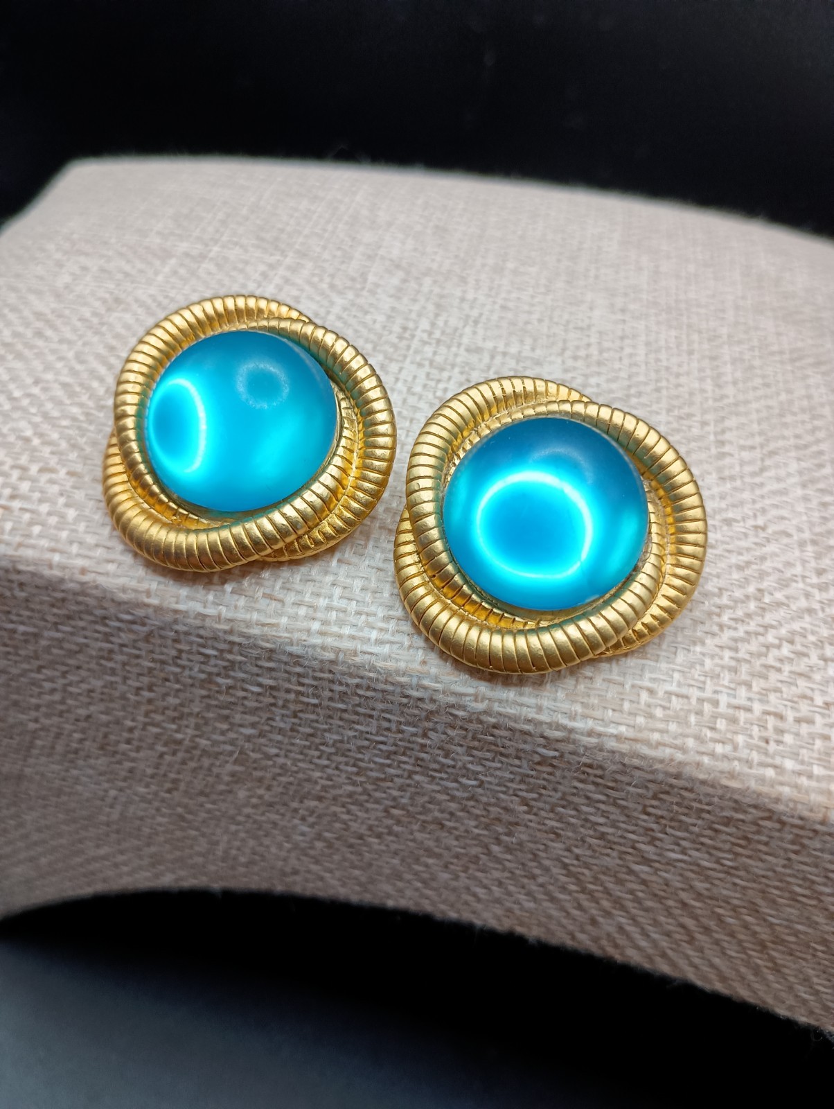 Vintage Aqua Blue Glass Cabochon Pierced Earrings Gripoix Gold Tone Rope 1.25 “