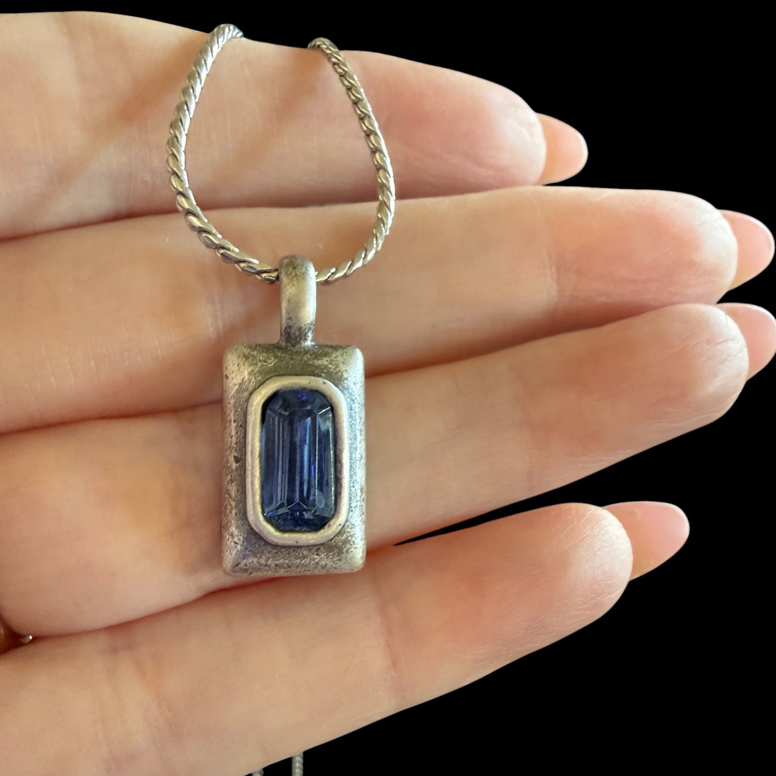 Vintage Silver Necklace Royal Blue Baguette Crystal Pendant, Silver toned Chain