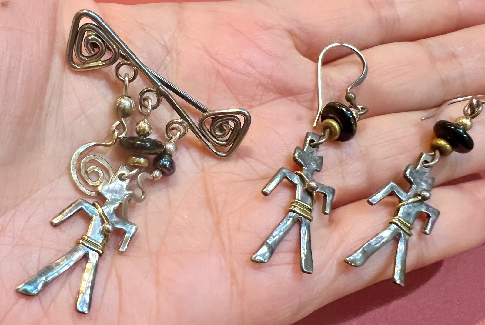 Artisan Handcrafted Sterling Silver Person Figural Brooch and Earrings Dangling
