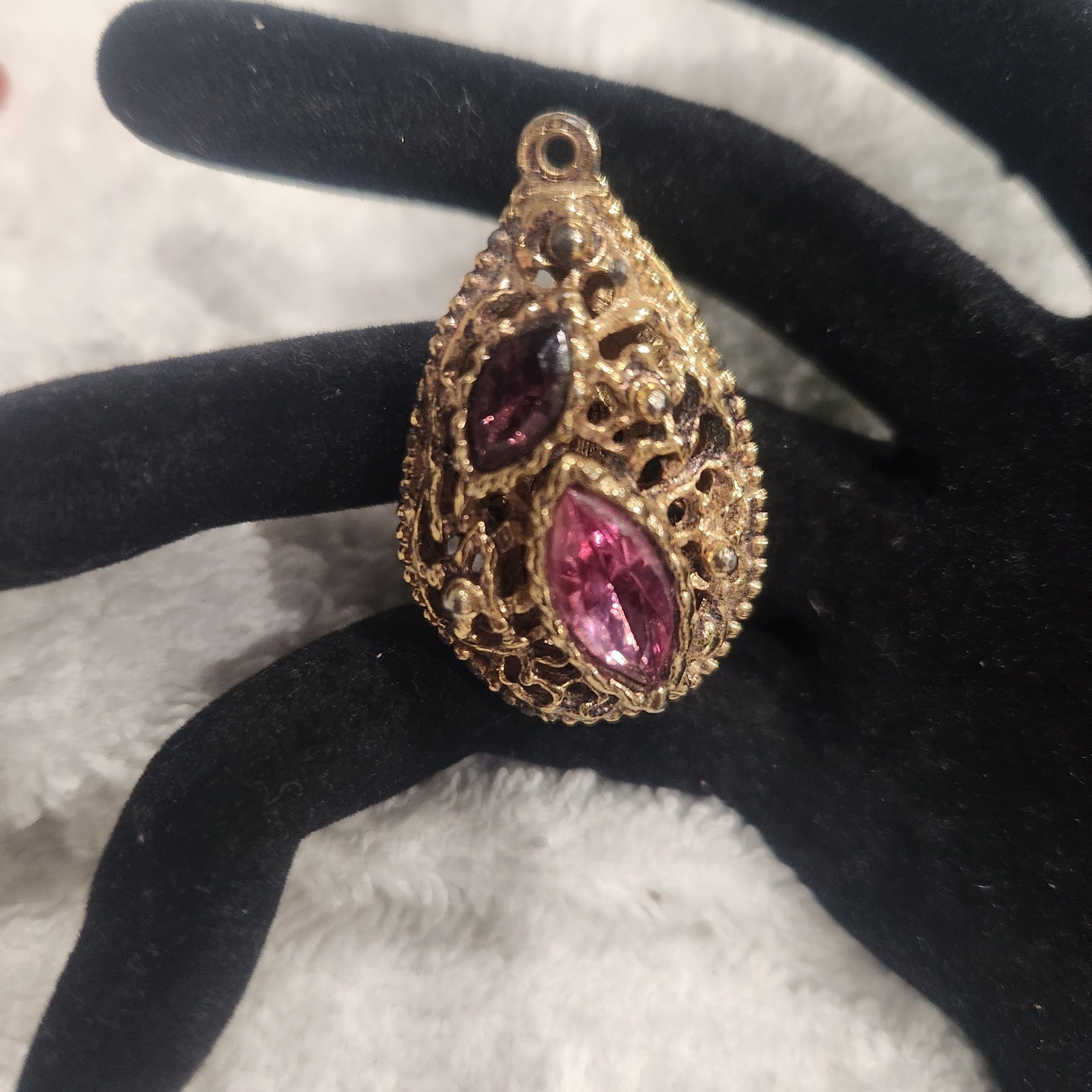 Vintage Gold Tone Filigree Teardrop Pendant Pink Purple Marquise Rhinestone