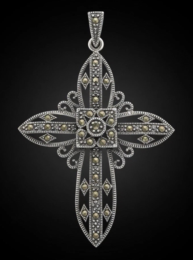 Vintage 925 Sterling Silver Marcasite Cross Pendant Gothic Victorian Style
