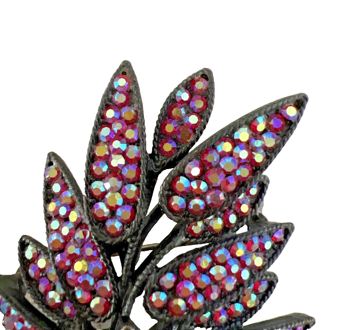 VINTAGE SIGNED WEISS RED PINK AURORA BOREALIS RHINESTONE LEAF BROOCH / JAPANNED