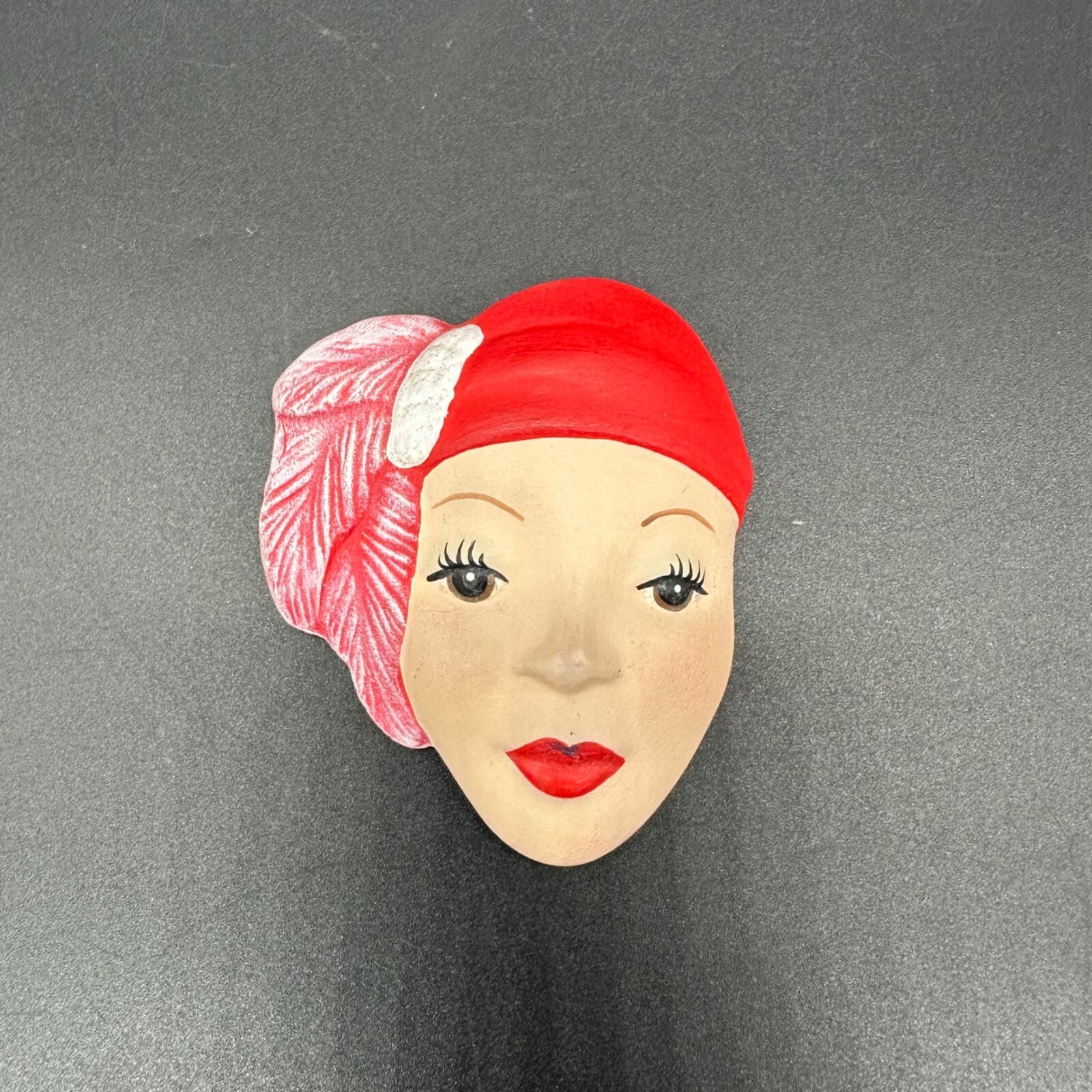 Vintage Brooch Pin Hand Painted Ceramic Womans Face Red Hat Retro Jewelry
