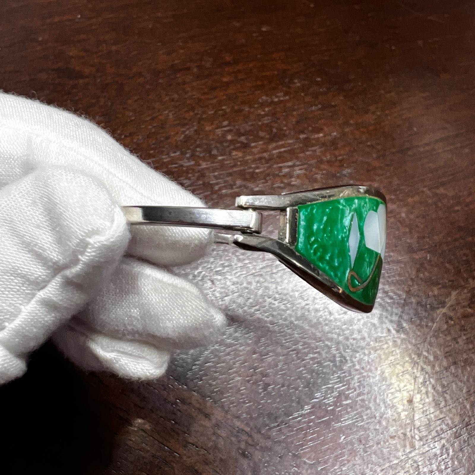 Vintage Alpaca Mexico Abalone Bangle Bracelet Silver Tone 7.5″ Green Enamel