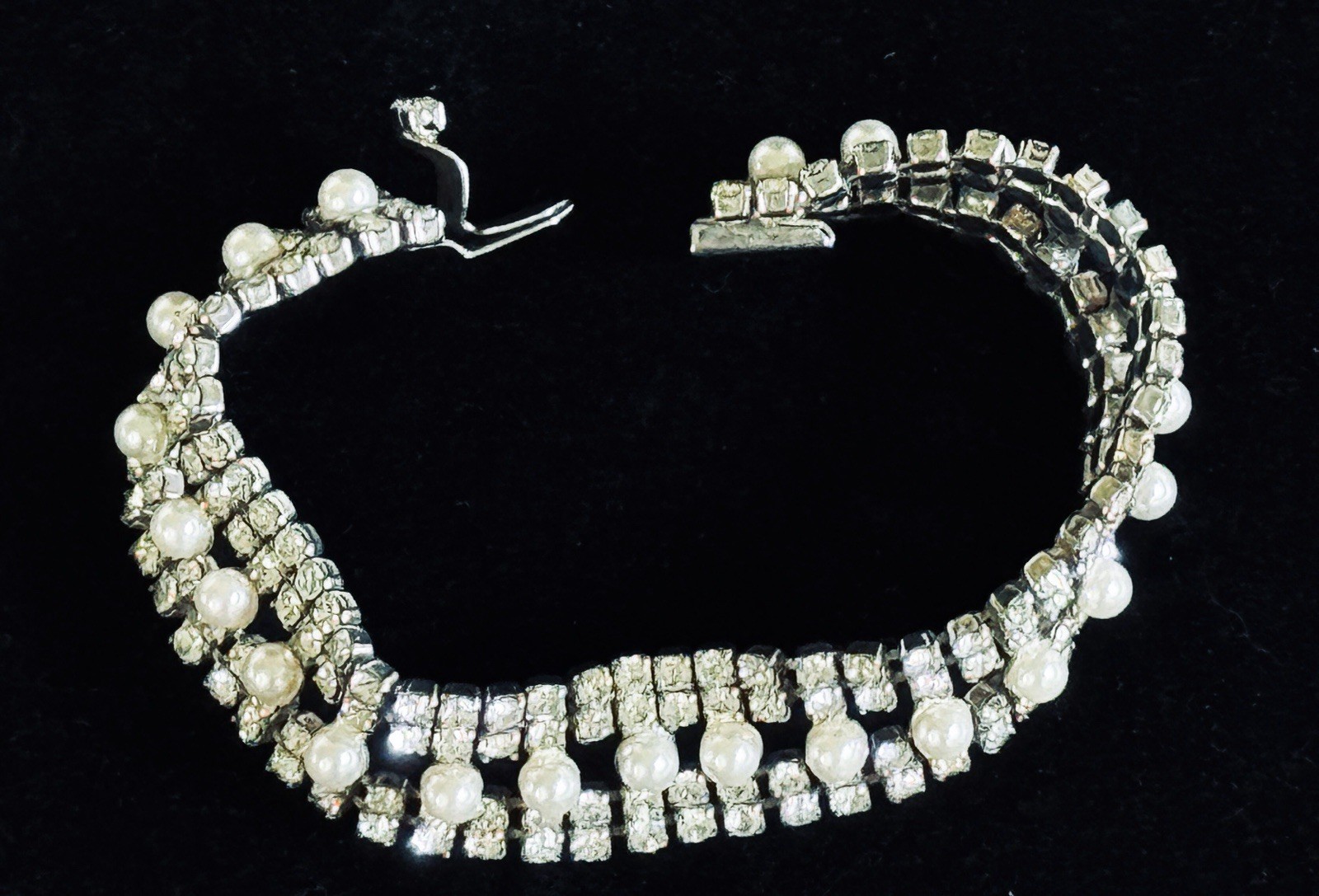 Vintage Multi Strand Clear Round Rhinestones and Faux Pearls Bracelet Box Clasp