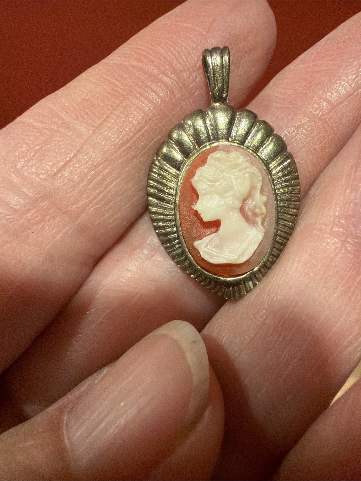 VINTAGE CAMEO LADY Gold Tone Orange & Cream Colored Carved Pendant For Necklace