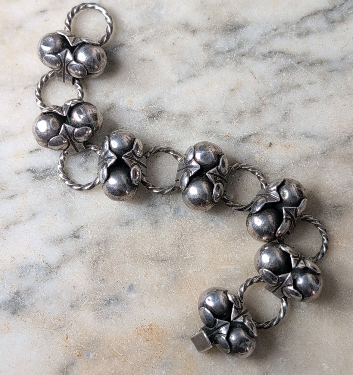 Taxco 980 Silver Mexico Bracelet Link Double Ball Old Pawn Jewelry Los Cocos 36g