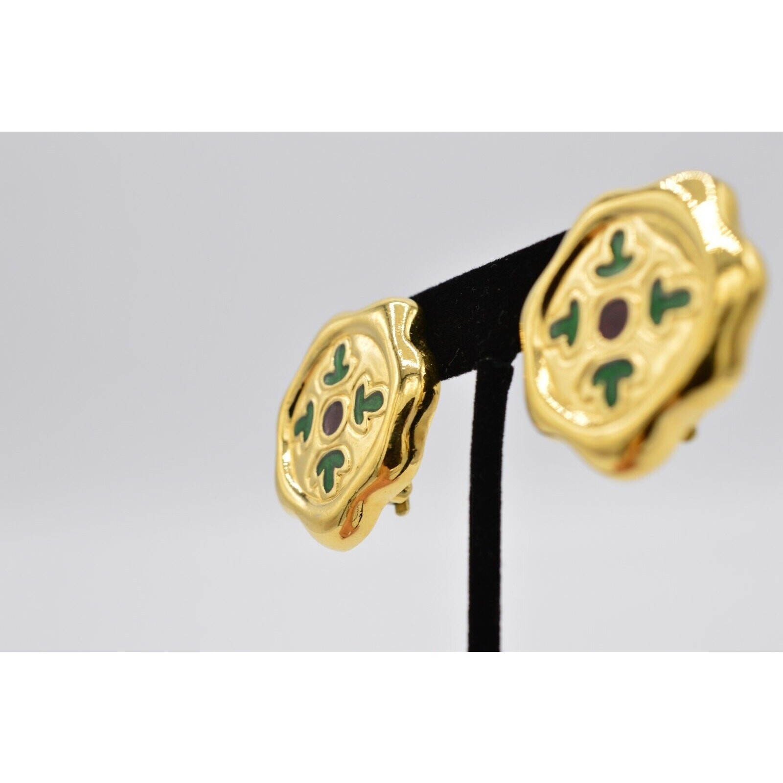 Givenchy Vintage Clip On Earrings Chunky Gold Green Red Enamel Signed 1980s BinX
