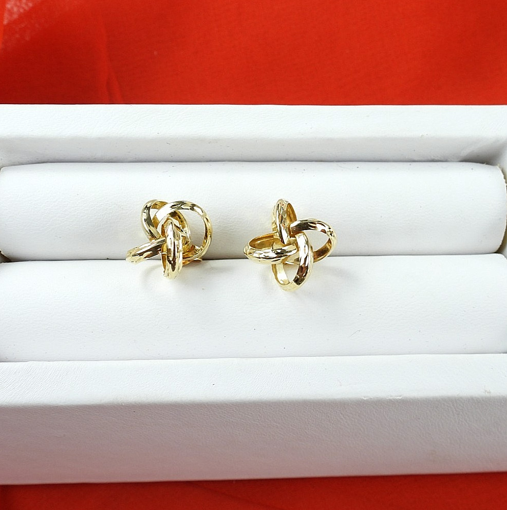 Vintage 14K Yellow Gold Intertwined Ribbon Knot Stud Earrings Openwork Swirl