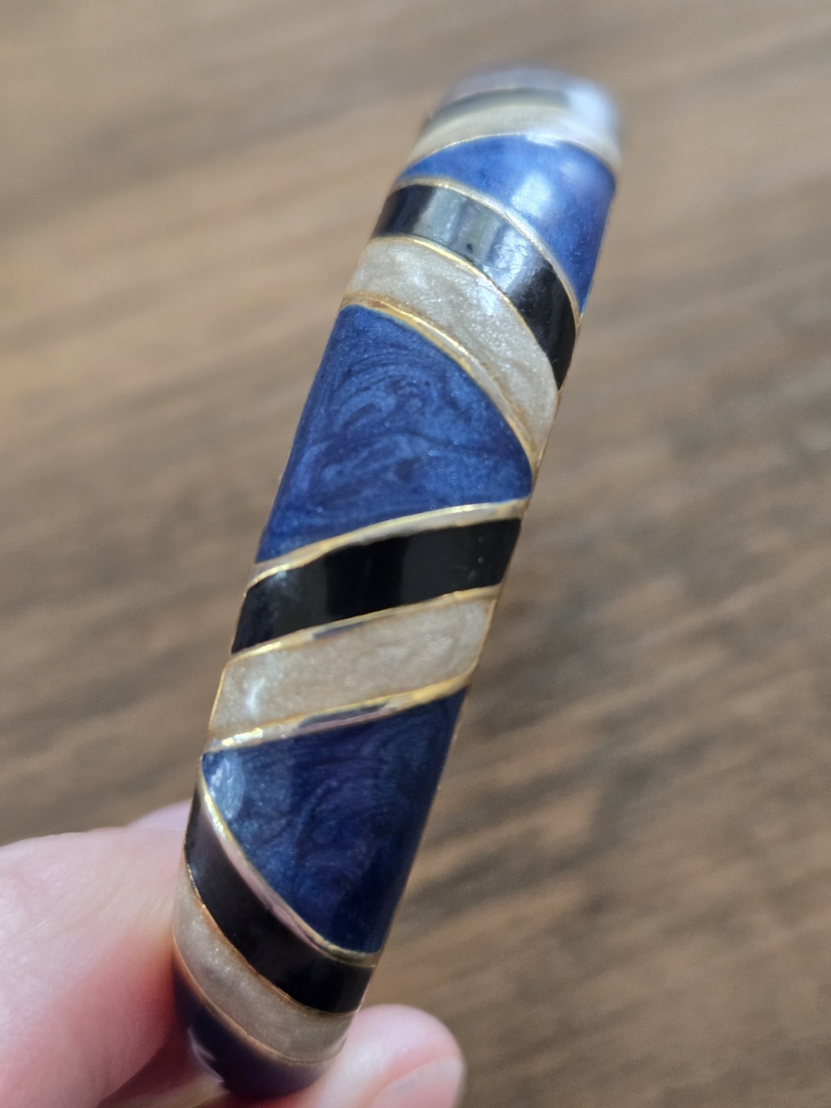 Vintage 1980s Orena Paris Cuff Bracelet Gold Tone W/Blue/Navy/Cream Enamel